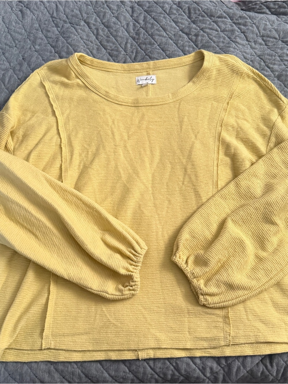 Wonderly Textured Balloon Sleeve Pullover Top Yellow Color Exposed Stitch Large